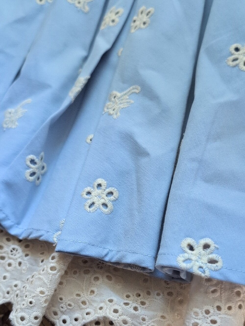 Lacemade Floral Eyelet Embroidered Light Blue Pleated Mini Skirt with Lace Hem - Picture 6 of 16